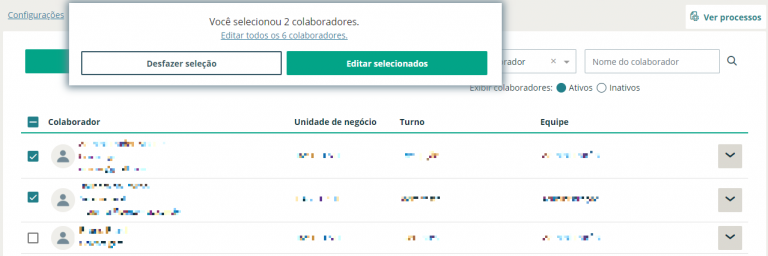 Conforme os cadastros forem selecionados, a mensagem atualiza com a quantidade de colaboradores.