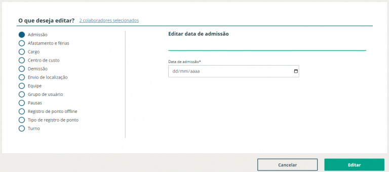 Essa é a tela de ações em massa para o cadastro de colaboradores.