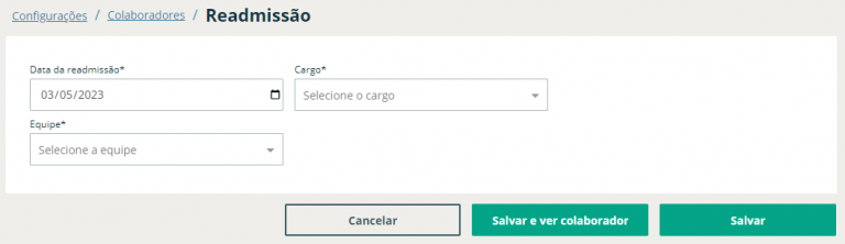 Preencha os campos para concluir a readmissão e salve.