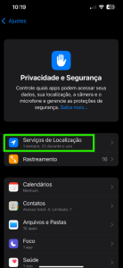 Tela 1: Acesso a configurações/ajuste e localize o serviço de localização