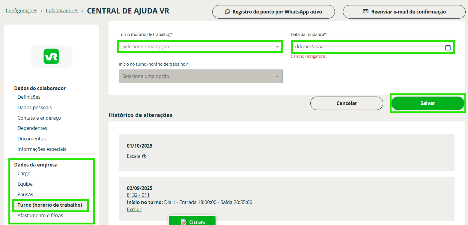Tela 3: Realize o cadastro do turno