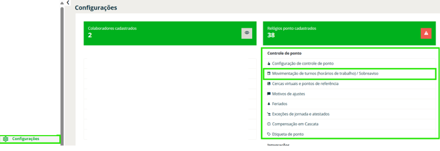 Tela 1: Clique em Movimentação de turnos (horários de trabalho) / Sobreaviso