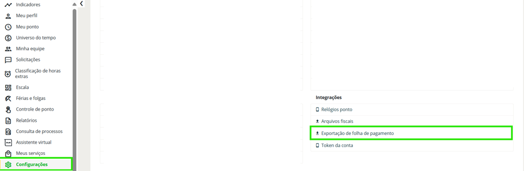 Tela 1: Selecione o menu de exportação